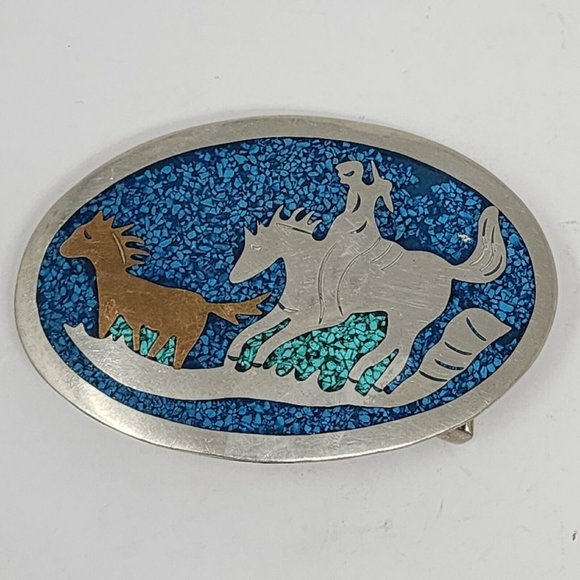 Vintage Western Americana Mexico Silver Turquoise Inlay Blue Belt Buckle - Picture 1 of 11